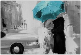Tablou - Cuplu în dragoste cu umbrelă, albastru (90x60 cm)