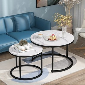 Set de 2 Măsuțe de Cafea Moderne Rotunde Suprapozabile din MDF cu Structură din Metal, Design Economisire Spațiu, 50x70,5 cm+45,5x44 cm, culoare marmură