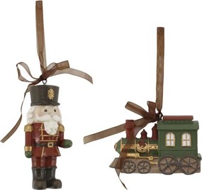Set 2 ornamente decorative din rășină pictată manual, spărgător de nuci și locomotivă, 10x3 cm, „Noël"