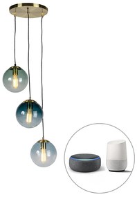 Lampă suspendată inteligentă din alamă incl. 3 WiFi ST64 cu sticlă albastră - Pallon