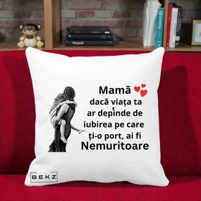 Cadou pentru Mama - Perna Personalizata Mama Nemuritoare Gravura Vintage, 40x40 cm, Alba Mata, Husa Detasabila, Perna Inclusa, BEKZ®