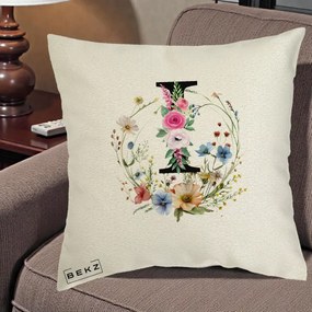 Cadou Personalizat - Perna Personalizata Monogram Litera I cu Flori Acuarela, 40x40 cm, Ecru, Husa Detasabila, Perna Inclusa, BEKZ®