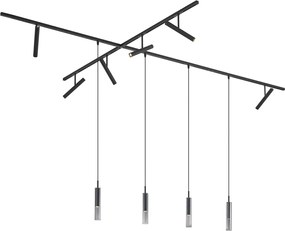 Sistem de iluminat pe șină modern negru cu 6 spoturi și 4 lumini suspendate negre monofazate - Slimline Avery Loyce