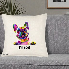 Perna Personalizata Bulldog Francez I'm Cool, 40x40 cm, Crem Reliefat, Husa Detasabila, Perna Inclusa, BEKZ®