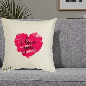 Cadou Romantic - Perna Personalizata I Love You Inima Roz, 40x40 cm, Ecru, Husa Detasabila, Perna Inclusa, BEKZ®