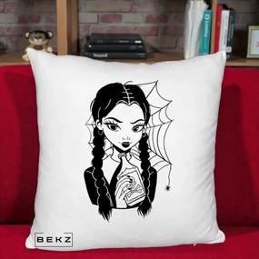 Perna Personalizata Wednesday cu Panza de Paianjen, 40x40 cm, Alb Pufos, Husa Detasabila, Perna Inclusa, BEKZ®