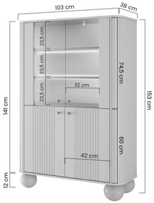 Vitrină cu patru uși Vesper 103 cm - cașmir / nuc / mânere negre / picioare rotunde