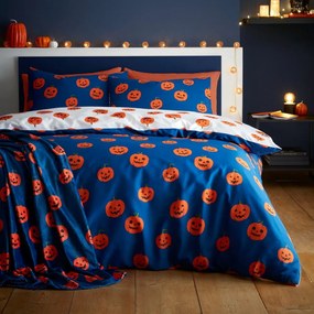 Pătură albastră/portocalie din micropluș/cocolino 130x170 cm cu model de Halloween Halloween Pumpkins – Catherine Lansfield