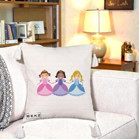Perna Personalizata Printese Diverse Ilustratie, 40x40 cm, Bej cu Franjuri, Husa Detasabila, Perna Inclusa, BEKZ®