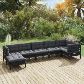 3096554 vidaXL Set mobilier grădină cu perne, 7 piese, negru, lemn masiv pin