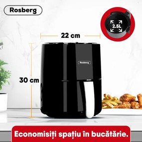 Friteuza cu aer cald AirFryer Rosberg R51980Y, 1200 W, 2.5 L, Timer, Pana la 200°C, Negru