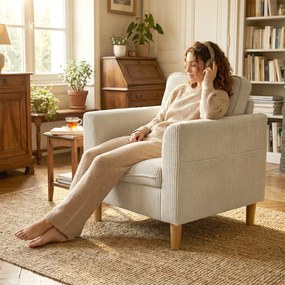 HOMCOM Fotoliu de living din catifea côtelată, fotoliu 1 loc tapițat cu șezut lat și pernă cu arcuri, 83x74x87cm, bej | Aosom Romania