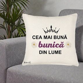 Cadou pentru Bunica - Perna Personalizata Cea Mai Buna Bunica Din Lume Coroana Mov Flori, 40x40 cm, Crem Reliefat, Husa Detasabila, Perna Inclusa, BEKZ®