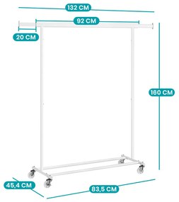 Suport pentru haine reglabil pe înălțime cu roți, alb
