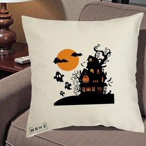 Perna Decorativa Halloween Casa Bantuita cu Fantome, 40x40 cm, Ecru, Husa Detasabila, Perna Inclusa, BEKZ®
