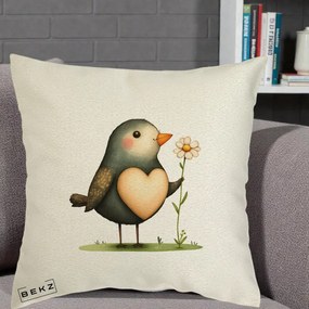 Perna Decorativa Pasare cu Inima si Margareta, 40x40 cm, Ecru, Husa Detasabila, Perna Inclusa, BEKZ®