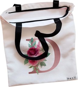 Sacosa de Panza pentru Cumparaturi, Geanta Tote, Cu litera D Rose Gold si Trandafiri, Cu fermoar, 38x34.5 cm, Alba, BEKZ®