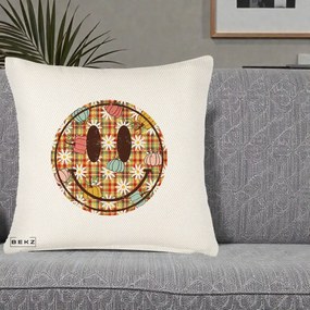 Perna Decorativa Smiley Face de Toamna cu Tartan si Dovlecei, 40x40 cm, Crem Reliefat, Husa Detasabila, Perna Inclusa, BEKZ®