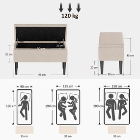 HOMCOM Scaun Modern cu Spațiu de Depozitare și Picioare din Lemn, Scaun Tapițat pentru Living sau Dormitor, 95x38x45 cm, Bej | Aosom Romania