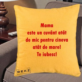 Cadou pentru Mama - Perna Personalizata Mama Cuvant Mic, 40x40 cm, Galben, Husa Detasabila, Perna Inclusa, BEKZ®
