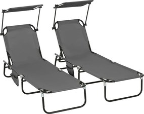 Outsunny Set 2 șezlonguri pliante cu parasolar, spătar reglabil în 5 trepte, Gri închis | Aosom Romania