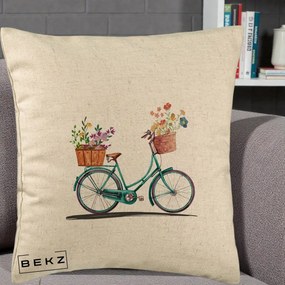 Perna Decorativa Bicicleta Florala Turcoaz Acuarela, 40x40 cm, Bej, Husa Detasabila, Perna Inclusa, BEKZ®