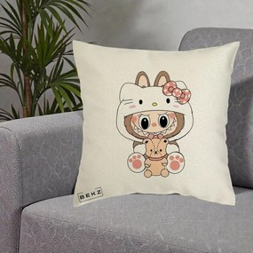 Perna Personalizata Labubu x Hello Kitty, 40x40 cm, Ecru, Husa Detasabila, Perna Inclusa, BEKZ®