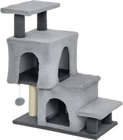 PawHut Scara pentru Pisici cu 4 Trepte Reglabile, 2 Căsuțe și Stâlp pentru Zgâriat Gri | Aosom Romania
