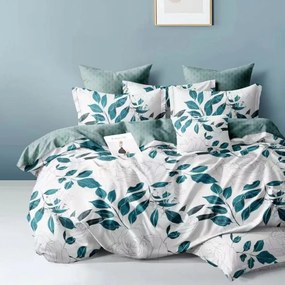 Lenjerie pat dublu cu două feţe  4 piese  Bumbac Satinat Superior  Alb-Turquoise  frunze