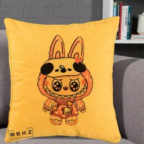 Perna Personalizata Labubu Panda-Bunny Roz, 40x40 cm, Galben, Husa Detasabila, Perna Inclusa, BEKZ®