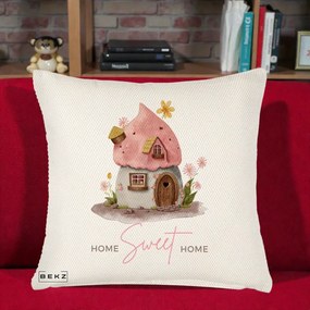Perna Decorativa Home Sweet Home Casuta, 40x40 cm, Crem Reliefat, Husa Detasabila, Perna Inclusa, BEKZ®