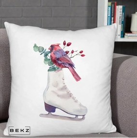 Perna Decorativa Cardinal Rosu pe Patina de Gheata, 40x40 cm, Alb Pufos, Husa Detasabila, Perna Inclusa, BEKZ®
