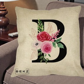 Cadou Personalizat - Perna Personalizata Monograma Florala Litera B, 40x40 cm, Crem, Husa Detasabila, Perna Inclusa, BEKZ®