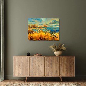 Tablou pe sticlă - Apus de soare peste lac, pictură acrilică (70x50 cm)