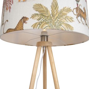 Lampă de podea cu trepied din lemn cu abajur multicolor cu imprimeu animalier 50cm - Lou