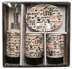 Set 4 accesorii baie, model LOVE, dozator sapun 300 ml