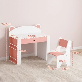 AIYAPLAY Set masă și scaun pentru copii, 3-8 ani, cu bibliotecă laterală, sertar și design vulpiță, alb | Aosom Romania