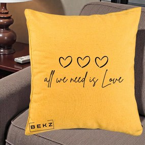 Perna Decorativa All We Need Is Love, 40x40 cm, Galben, Husa Detasabila, Perna Inclusa, BEKZ®