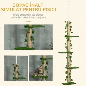 PawHut Stâlp Înalt pentru Pisici cu Tijă de Tensionare din Iută cu Frunze, 37x21x202-242 cm, Verde | Aosom Romania