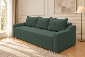Canapea extensibilă Mirella din stofă, verde marin, cu ladă de depozitare