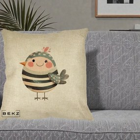 Perna Decorativa Pui Kawaii Teal cu Flori, 40x40 cm, Crem, Husa Detasabila, Perna Inclusa, BEKZ®