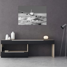 Tablou - Avion în nori, alb și negru (90x60 cm)