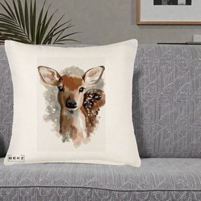 Perna Decorativa Caprioara Pui Acuarela, 40x40 cm, Crem Reliefat, Husa Detasabila, Perna Inclusa, BEKZ®