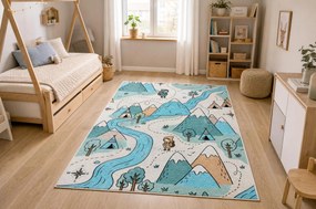 BAMBINO 61590 covor lavabil Râu, șine, tren pentru copii anti-alunecare - crem / albastru