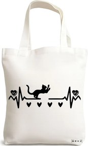 Sacosa de Panza pentru Cumparaturi, Geanta Tote, model Cat Love 2, 38x34.5 cm, Alba, BEKZ®
