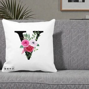 Cadou Personalizat - Perna Personalizata Monograma Florala Litera V cu Buchet, 40x40 cm, Alba Mata, Husa Detasabila, Perna Inclusa, BEKZ®