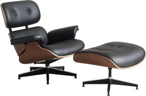 AVALON Accent Lounge Chair & Ottoman – Fotoliu Premium cu Taburet, Design Ergonomic, Piele Ecologică PU Premium, Furnir culoare Lemn Nuc, Bază Pivotantă din Aluminiu, Negru