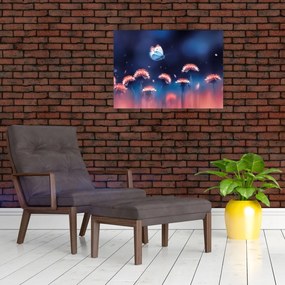Tablou pe sticlă cu păpădii cu fluture albastru (70x50 cm)