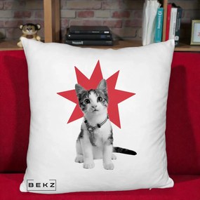 Perna Decorativa Pisica Star Pop Art, 40x40 cm, Alb Pufos, Husa Detasabila, Perna Inclusa, BEKZ®