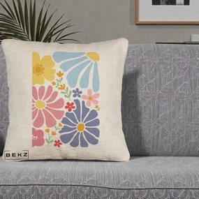 Perna Decorativa Flori Grafice Pastel Multicolor, 40x40 cm, Bej Canapea, Husa Detasabila, Perna Inclusa, BEKZ®